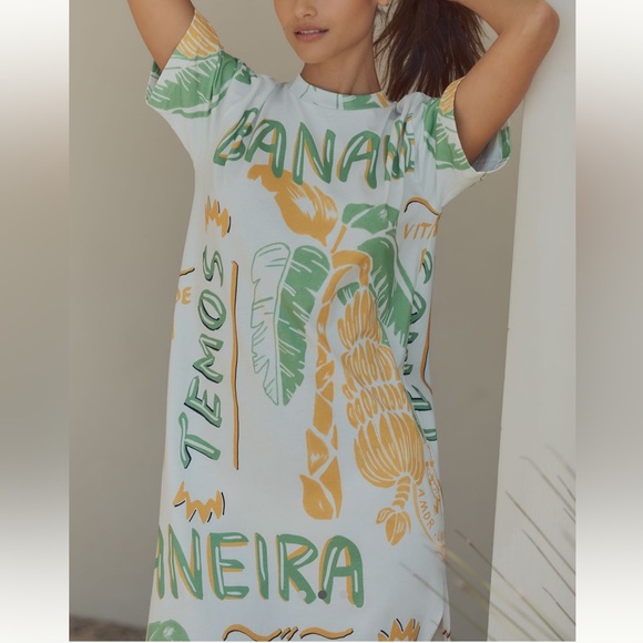 FARM Rio from Anthropologie NWT SZ XL tropical Banana printed tshirt midi dress - Picture 2 of 16